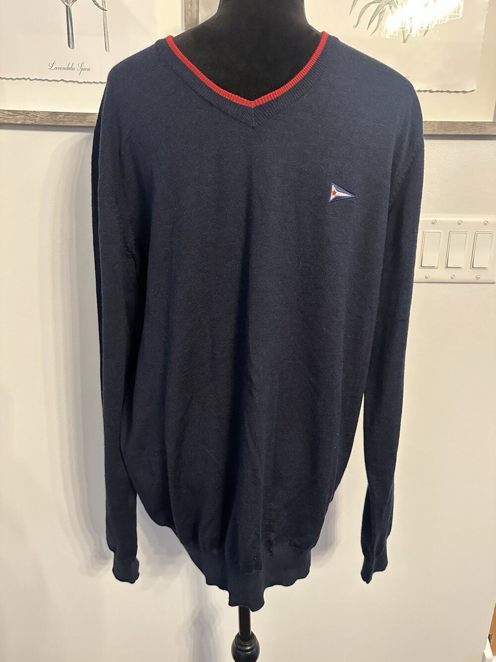HELLY HANSEN Mens 2XL 100% Merino Wool Sweater VNeck Navy Blue HH Flag Nautical